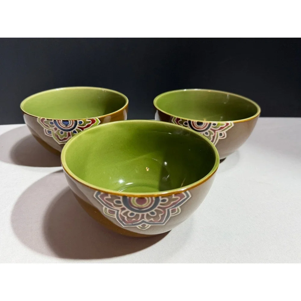 Pier 1 Imports Global Medallion Reactive Stoneware Cereal Bowls Set of 3 Green